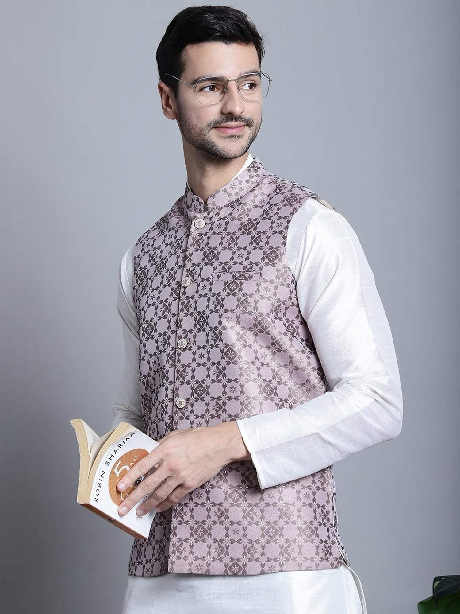 Jompers Magenta  Regular Fit Self Pattern Nehru Jacket