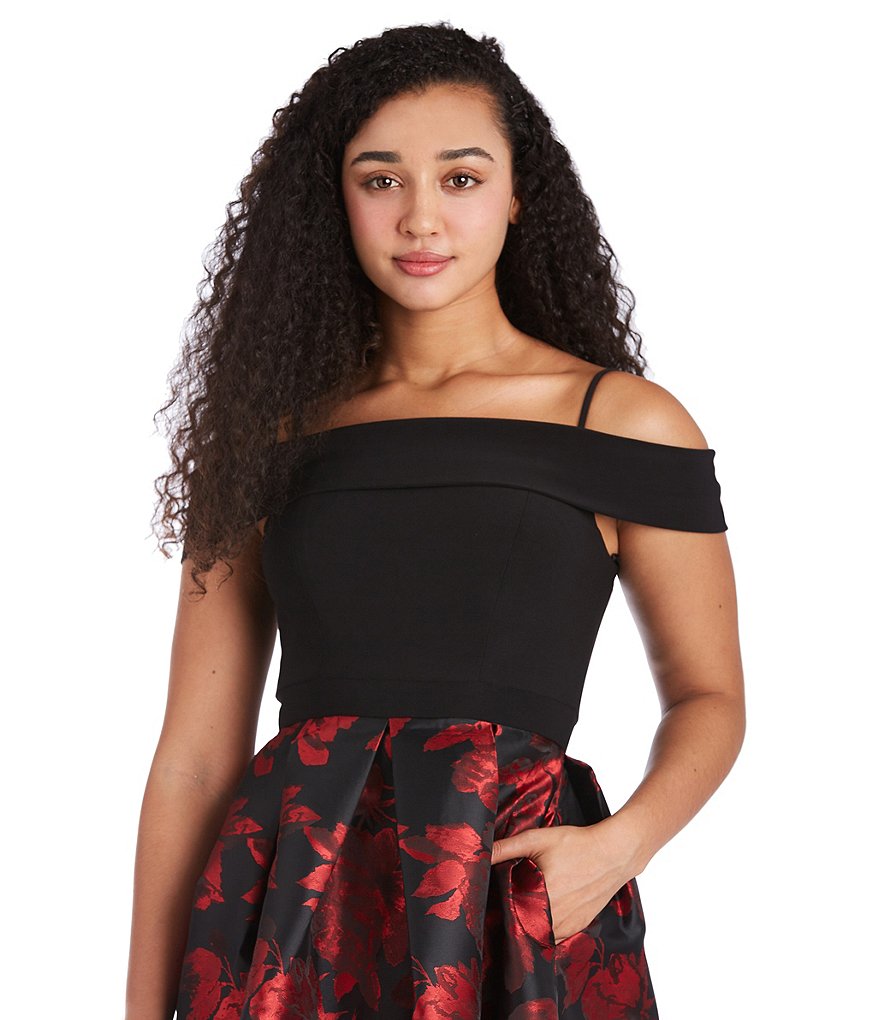 Morgan & Co. Off-The-Shoulder Bodice with Jacquard Skirt Dress