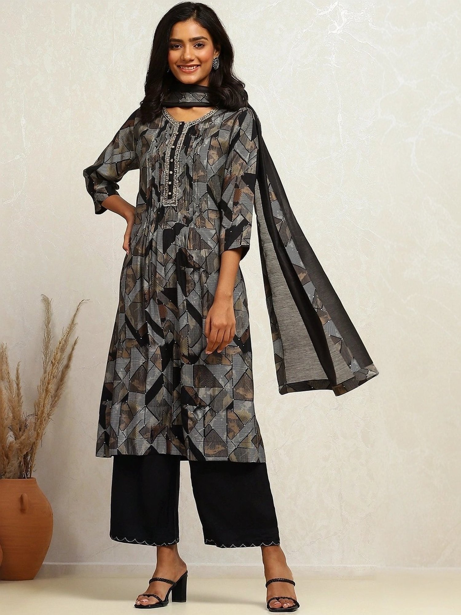 Biba Black Printed Kurta Palazzo Set With Dupatta