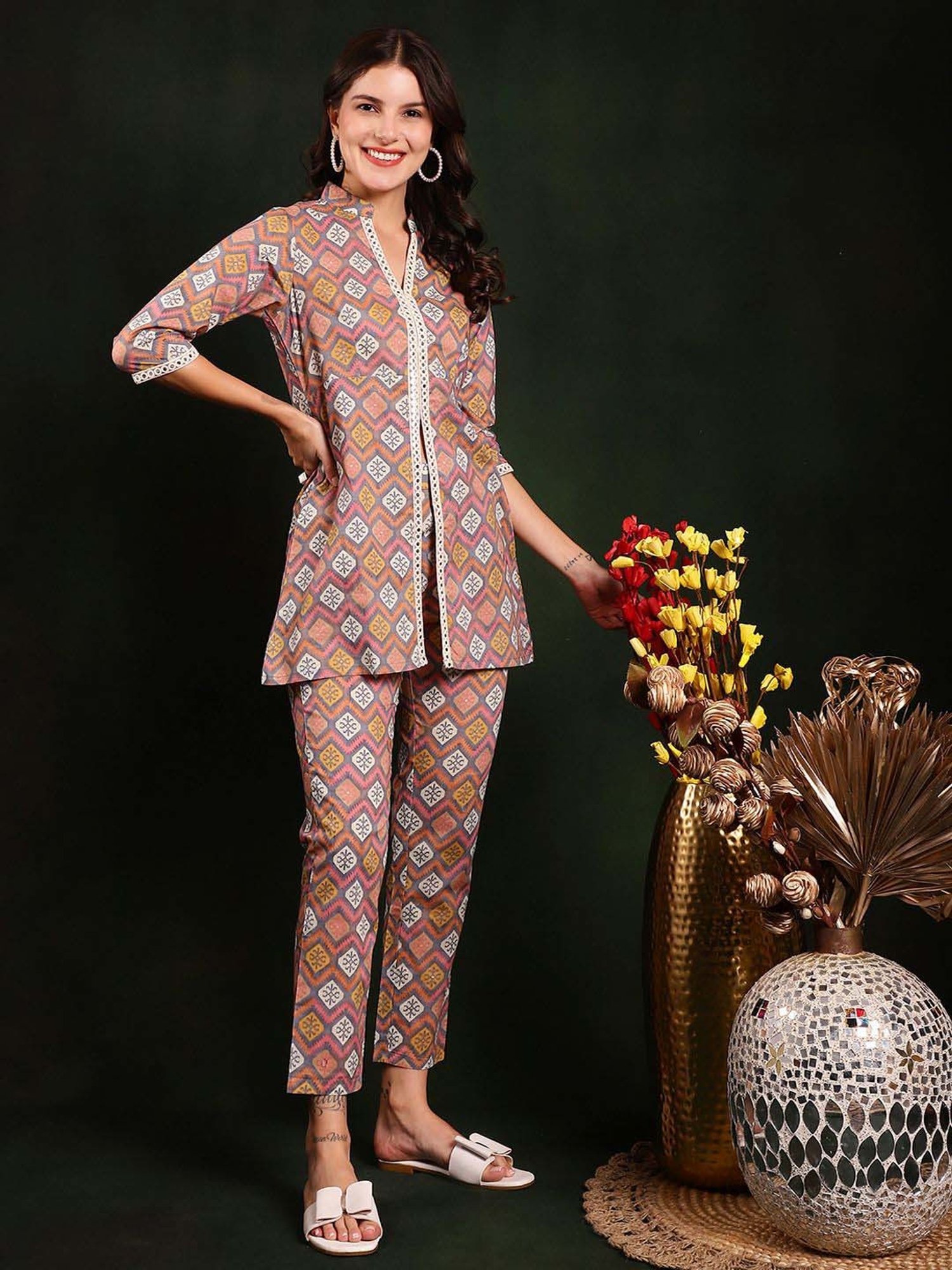 Claura Grey Cotton Printed Top Pant Set