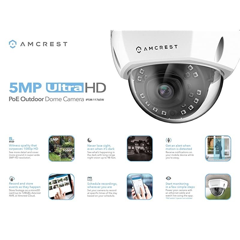 5MP Outdoor PoE IP Camera, UltraHD 5MP Security Camera, 2.8mm Lens, IP67 Weatherproof Security, Cloud & MicroSD Recording (IP5M-1176EW) White