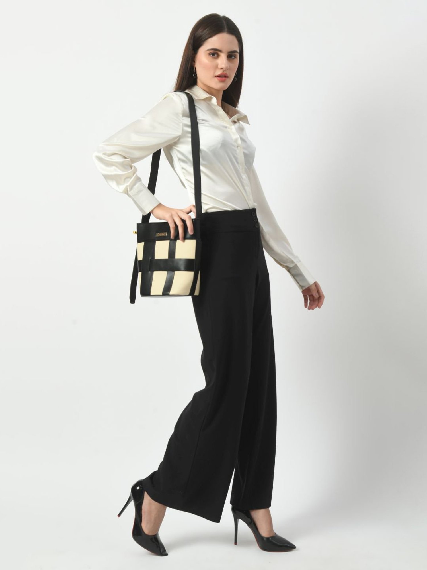 Angeline Black Paneled Medium Tote Handbag