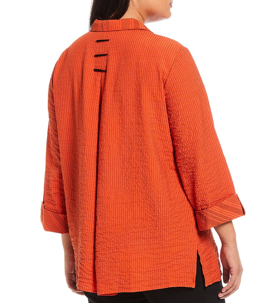 Ali Miles Plus Size Crinkle Stripe Button Front Point Collar Neck French Cuff 3/4 Sleeve Tunic