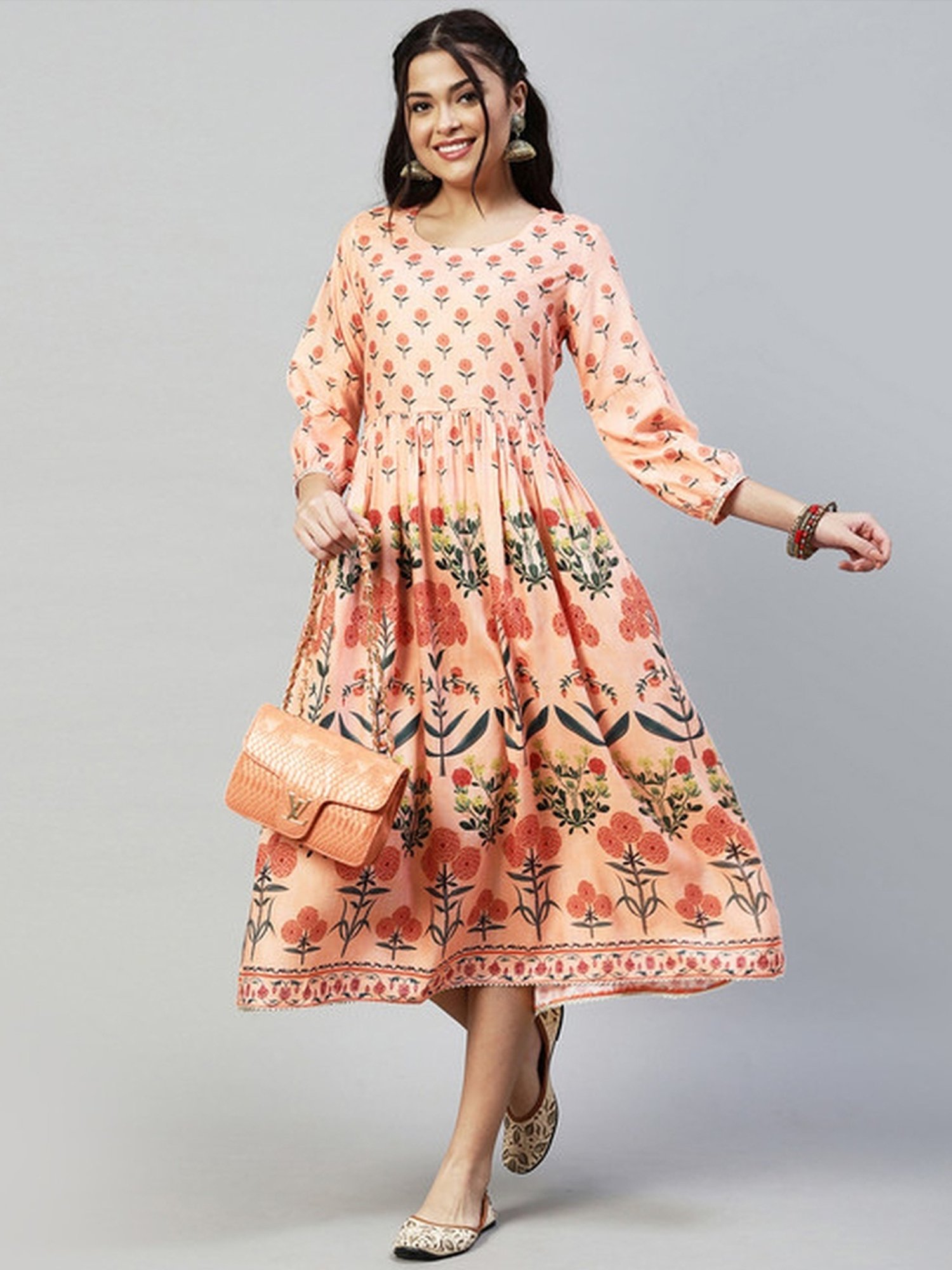 Skylee Peach Floral Print A-Line Dress