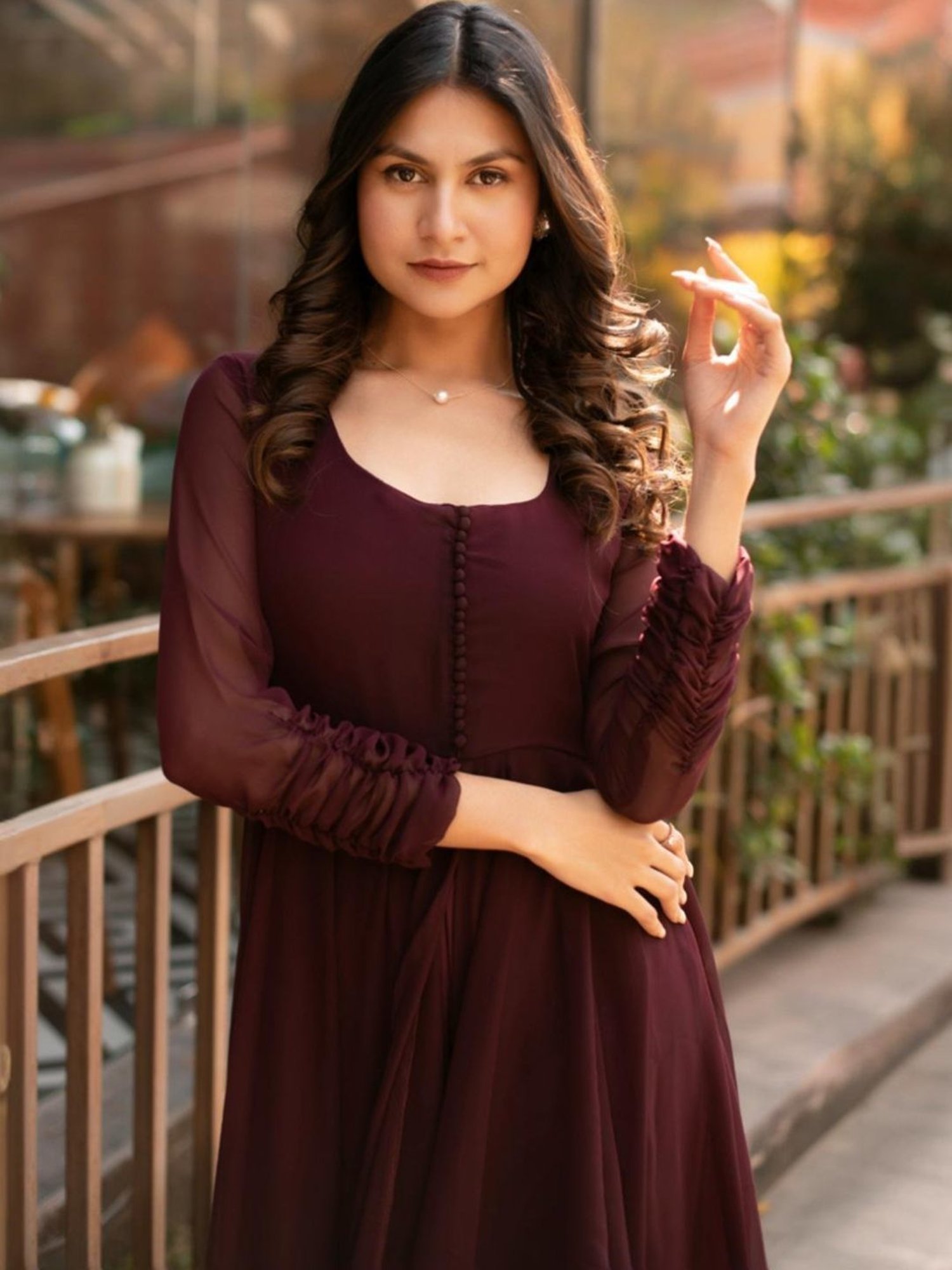 Calmna Wine Georgette Cape with Pant Co-ord Set