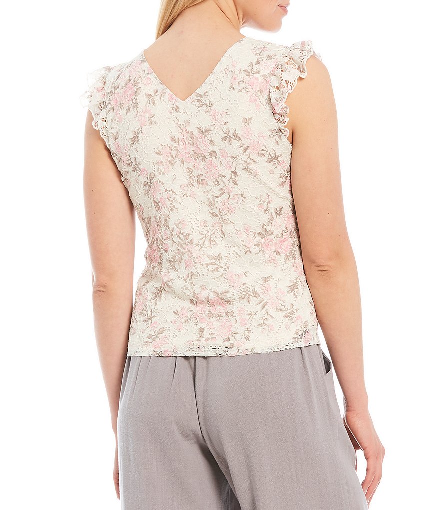 Shabby Chic Loa Floral Rose Print Corded Stretch Lace V-Neck Sleeveless Top