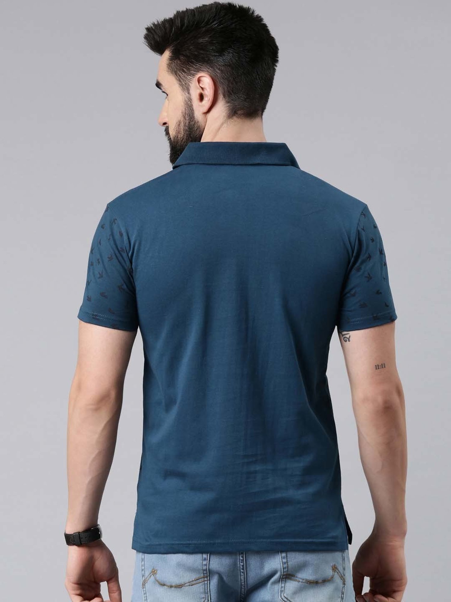 Kryptic Teal Regular Fit Printed Cotton Polo T-Shirt