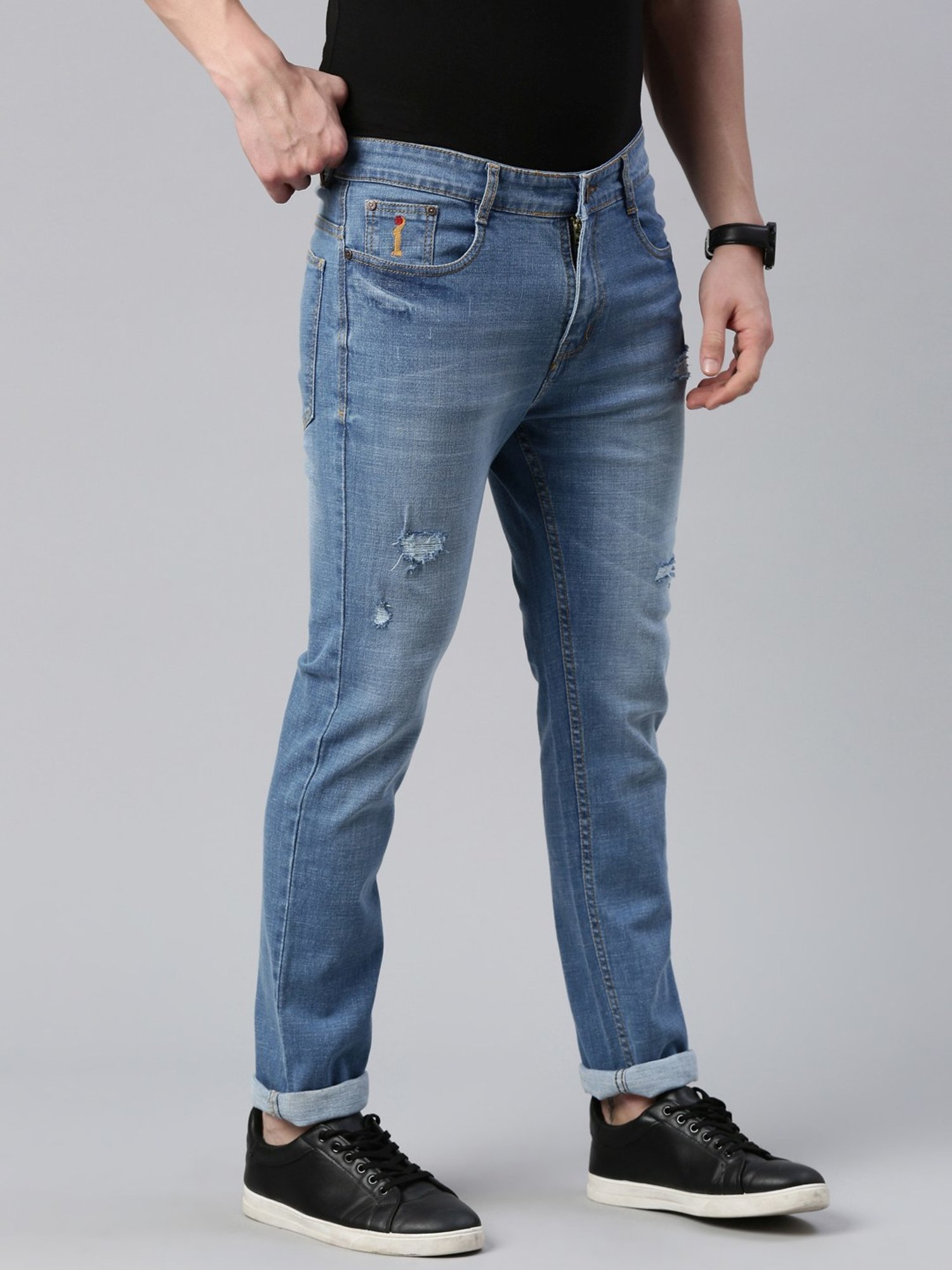 CINOCCI Baby Blue Cotton Slim Fit Distressed Jeans