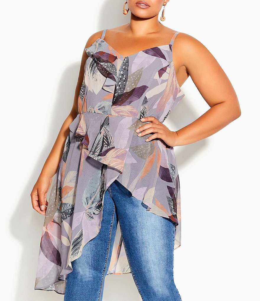 City Chic Plus Size Paradise Palm Sweetheart Neck Asymmetrical Hem Sleeveless Top