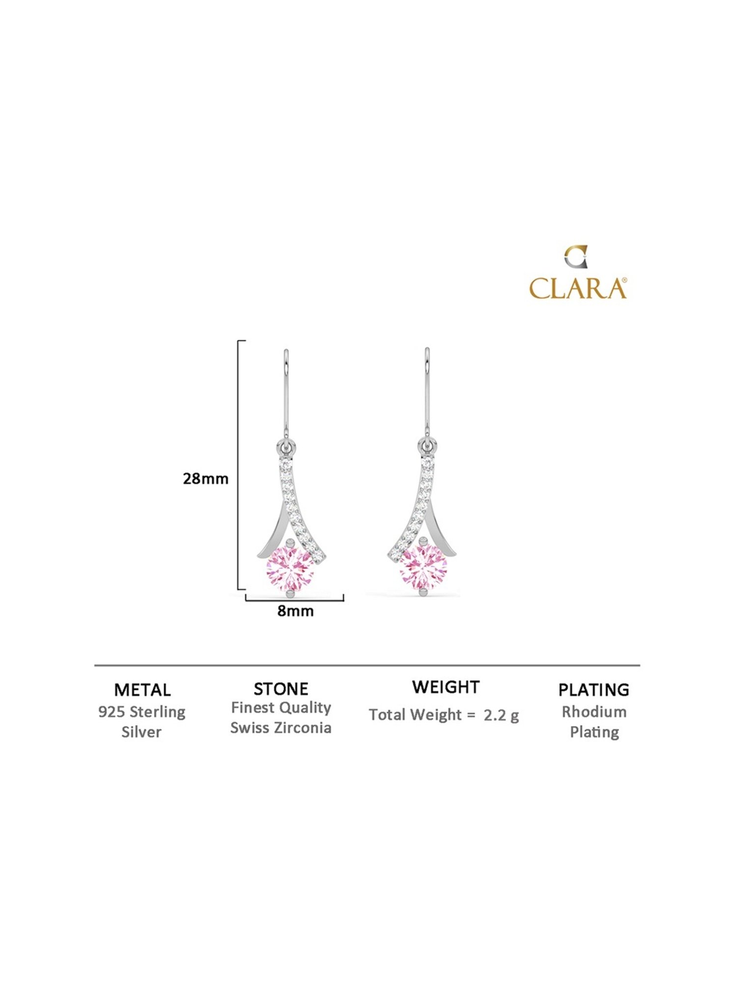 Clara 925 Silver Rhodium-Plated Swiss Zirconia Pink Solitaire Dangler Earrings