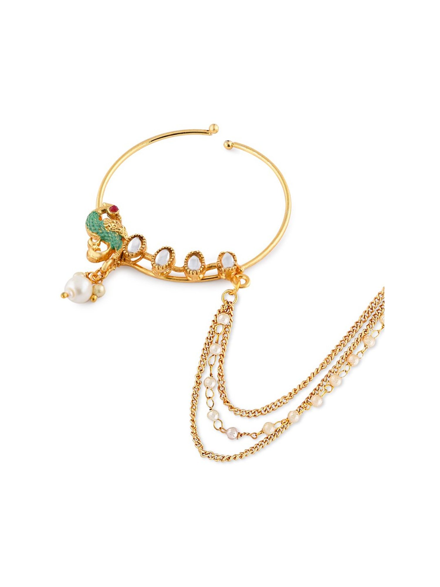 Zaveri Pearls Green Meenakari Peacock Inspired Chain Linked Bridal Nath-ZPFK10488