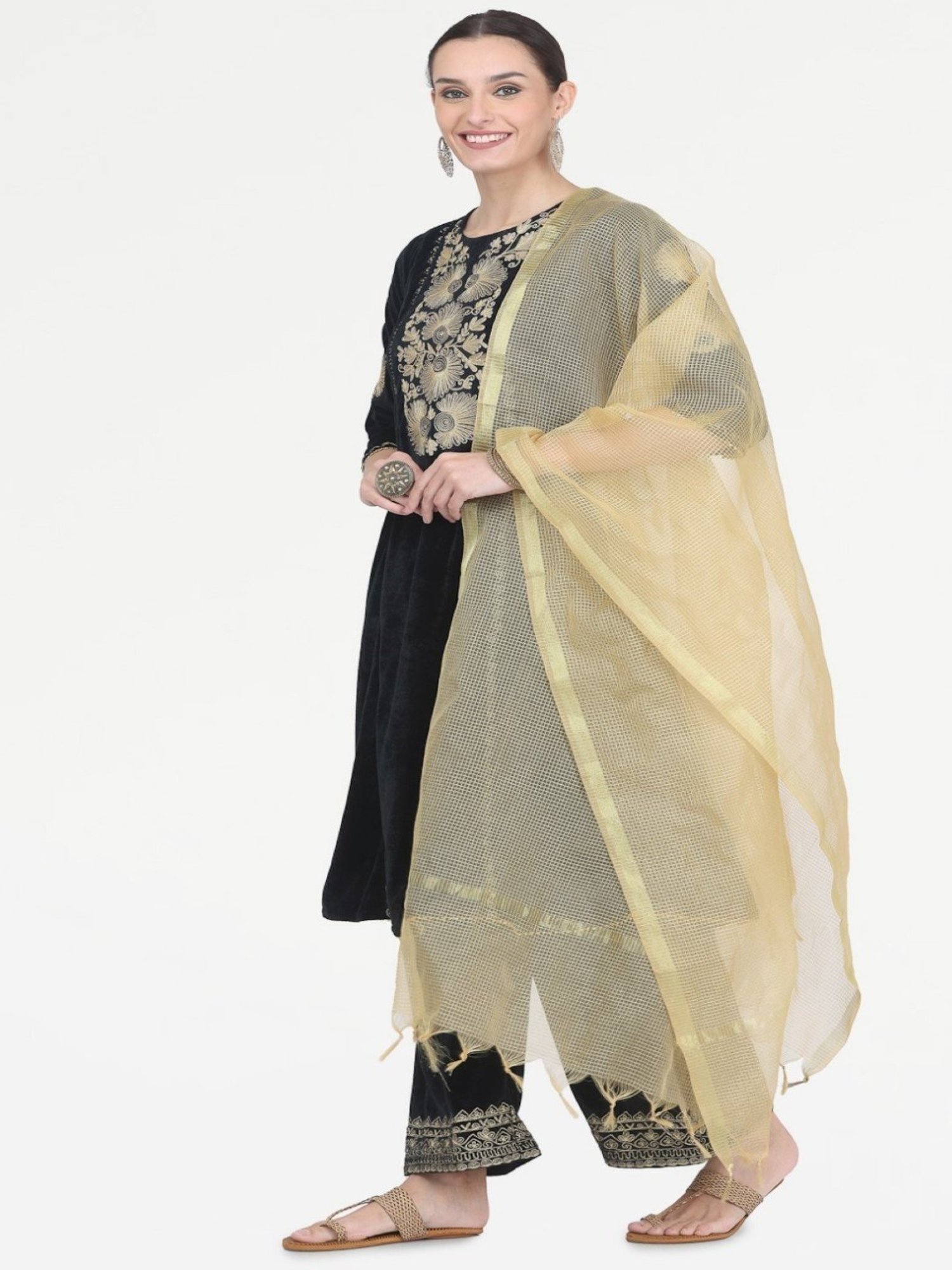 Kaanchie Nanggia Black Embroidered Kurta Palazzo with Chanderi Dupatta
