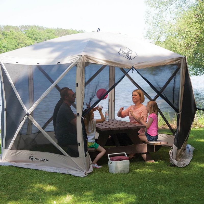 Gazelle G6 8 Person 6 Sided 124" Portable Gazebo Canopy Screen Tent with Three UV/Water Resistant Wind Panels, Ground Stakes, and Tie-Down Ropes