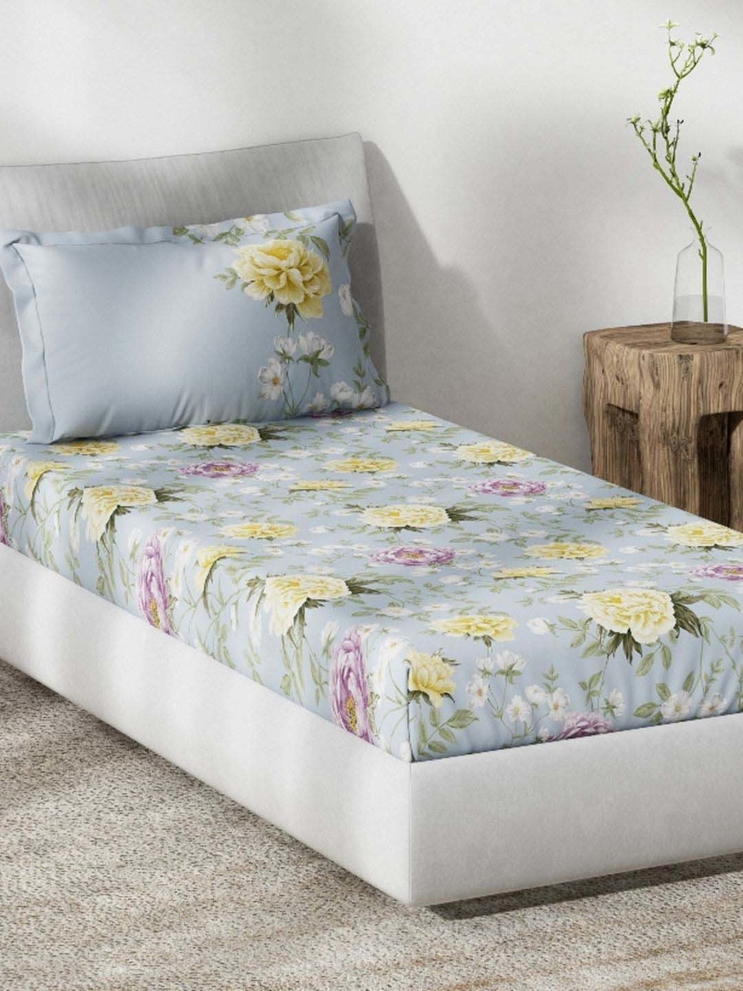 DDecor Floral Blue 140 TC Cotton Single Bedsheet with 1 Pillow Cover