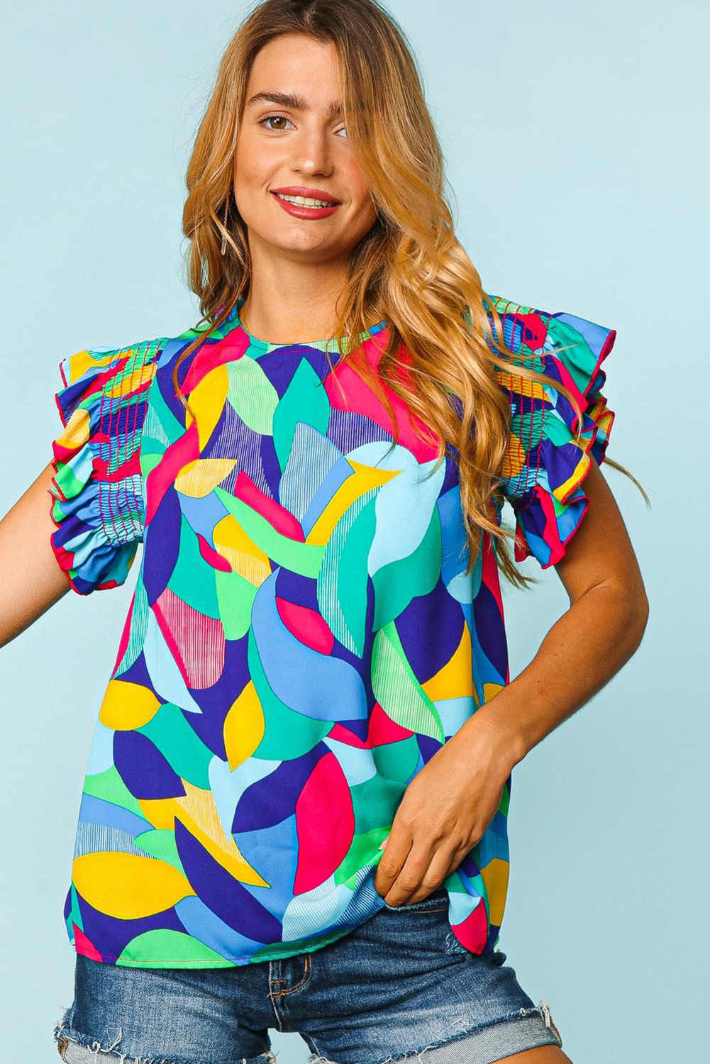 Multicolor Abstract Print Ruffle Sleeve Casual Blouse for Women