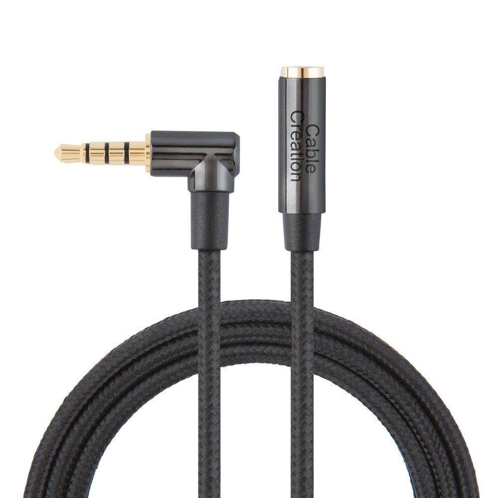 Headphone Extension, CableCreation 10FT 3.5mm Male to Female TRRS audio Stereo Cable,Right Angle auxiliary HiFi Cable with Silver-Plating Copper,24K Gold Plated, (Microphone Compatible),Black