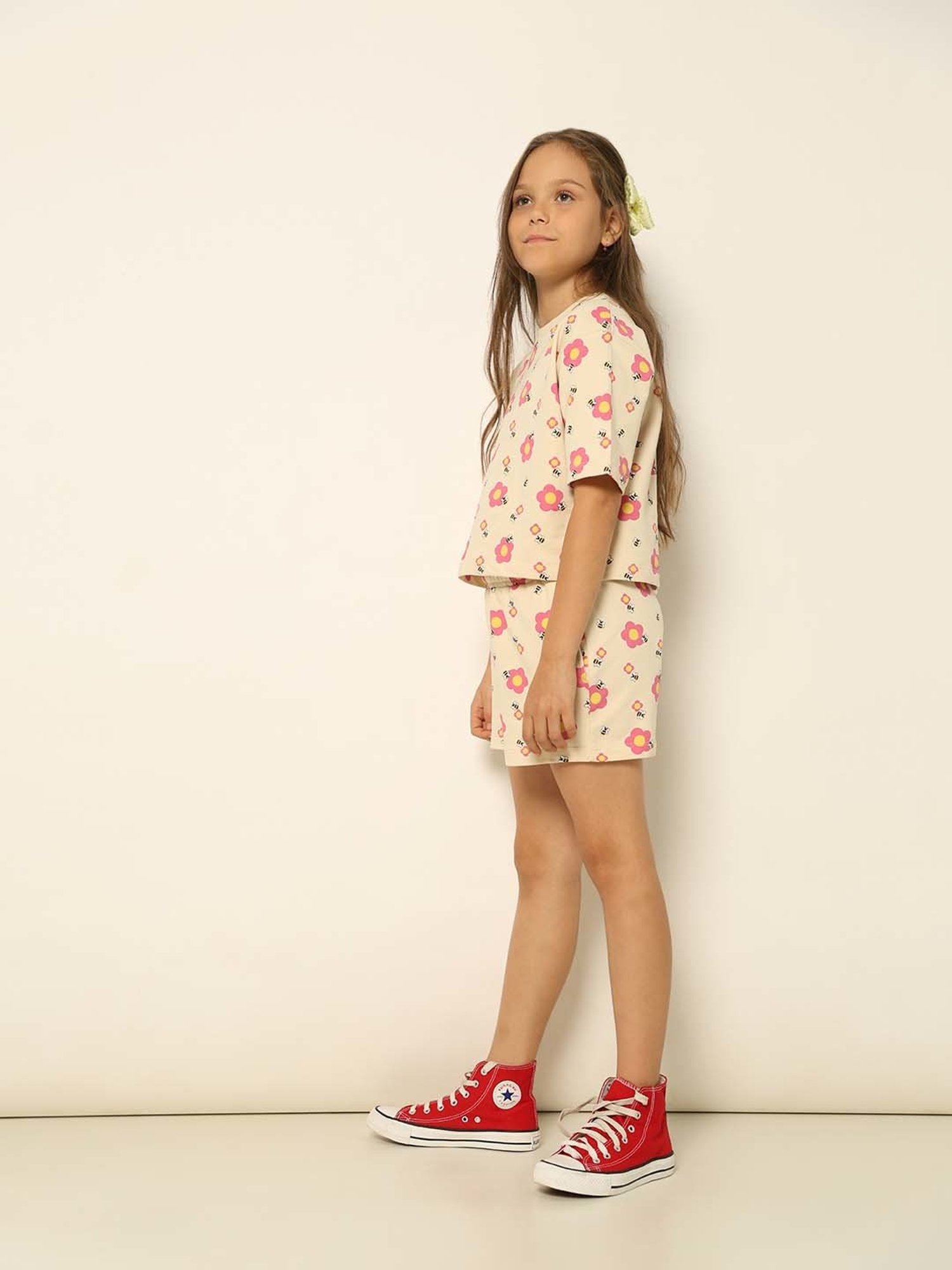 VERO MODA GIRL Cream & Pink Cotton Floral Print Shorts