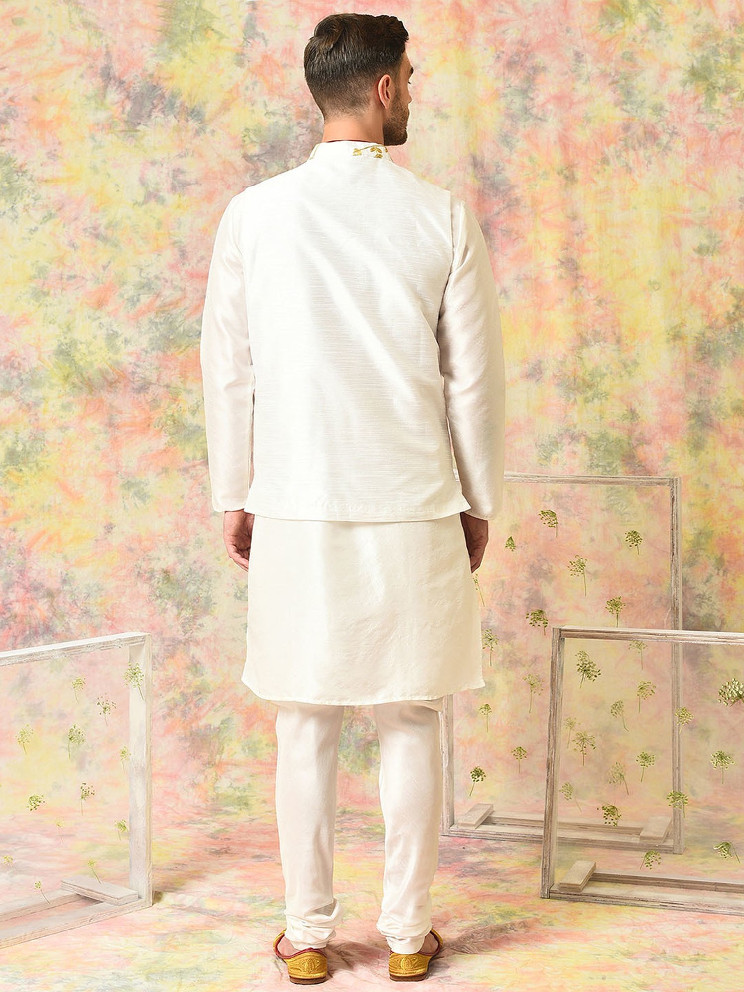 Hangup White Regular Fit Embroidery Kurta & Churidar With Nehru Jacket