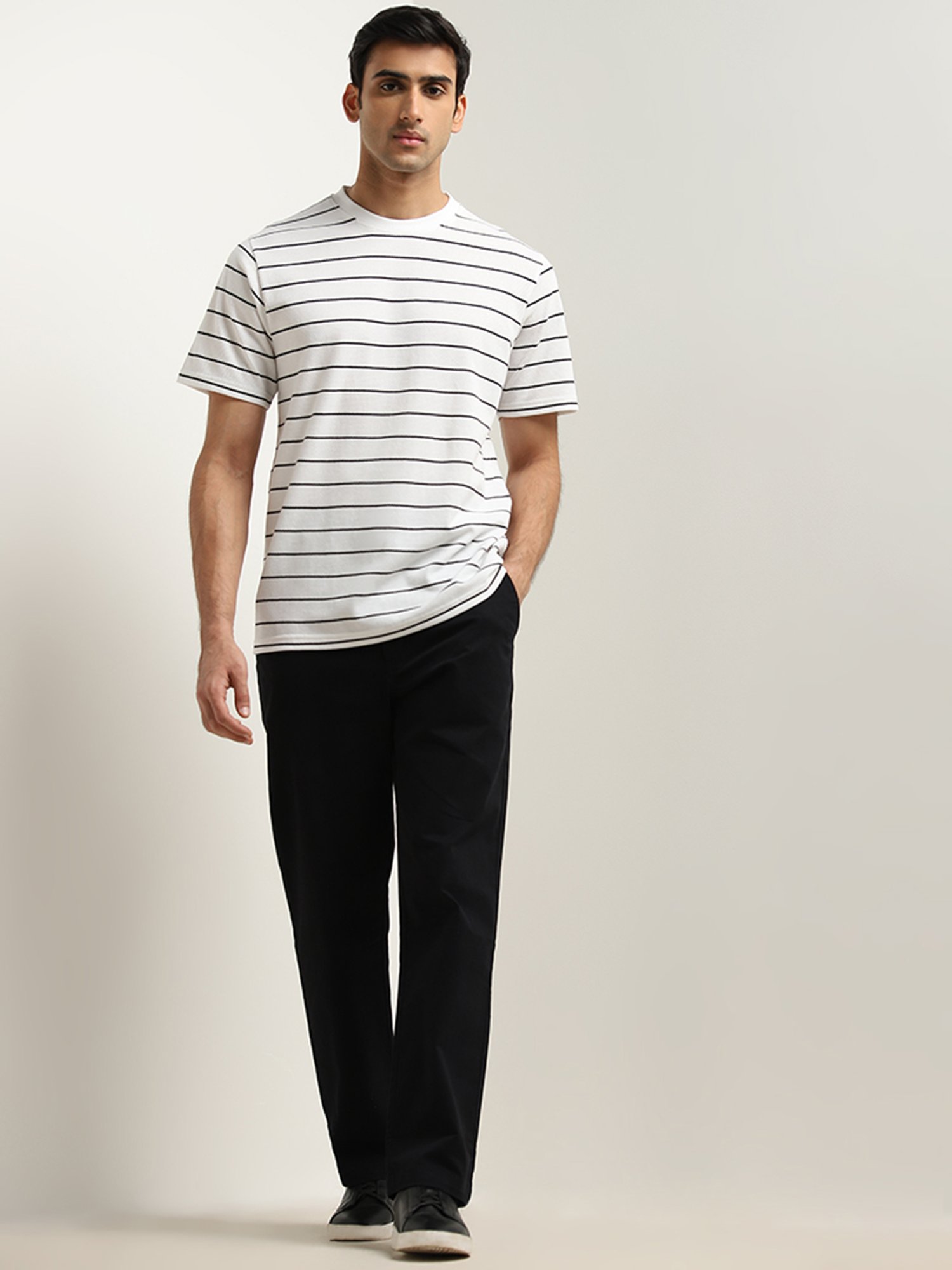 WES Lounge by Westside White Striped Design Relaxed-Fit T-Shirt