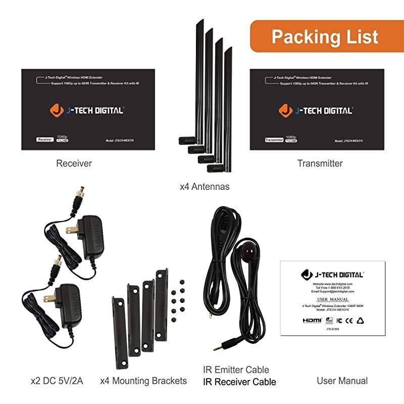 Wireless HDMI Extender 1080p Transmitter & Receiver Kit Auto-Select Frequencies with no Interference, up to 660 ft and IR Remote Extension (up to 5 Pairs in 1 Area) [JTECH-WEX310]