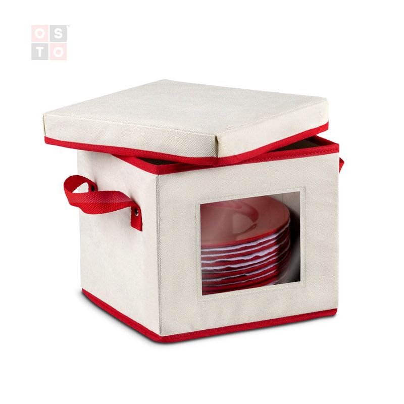 OSTO Holiday Dinnerware Storage Box with Lid; Plate Box Has Cardboard Insert, Lid, Handgrips, Clear Window; Non-Woven Fabric Color Ivory and Red