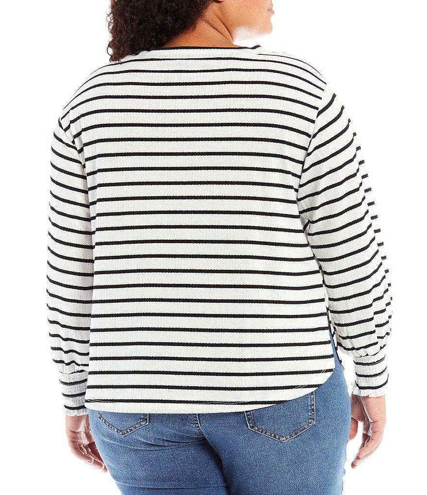 Jessica Simpson Plus Size Veera Stripe Smocked Cuff Crew Neck Drop Shoulder Long Blouson Sleeve Top