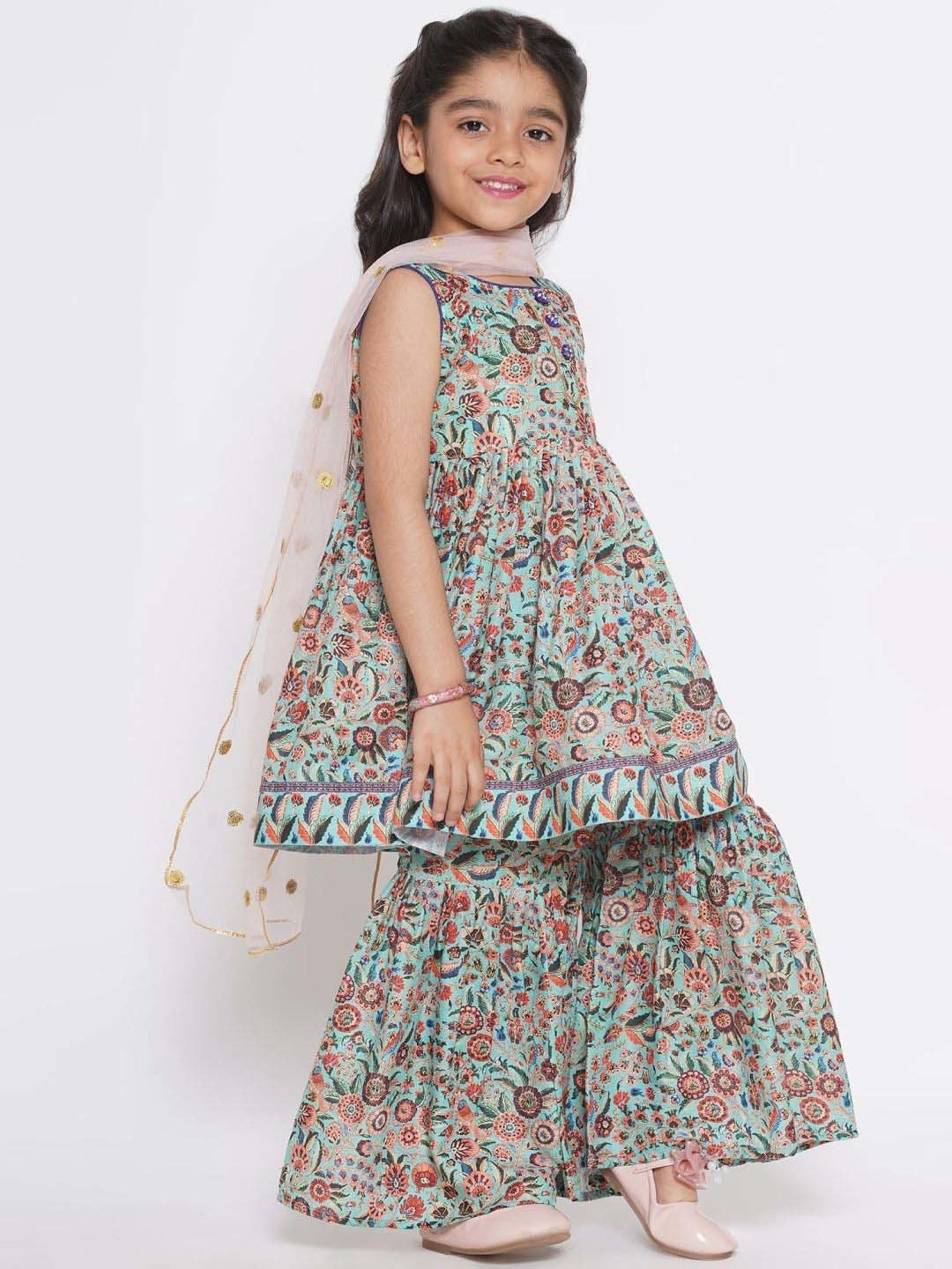 Little Bansi Kids Green Floral Print Kurta Set