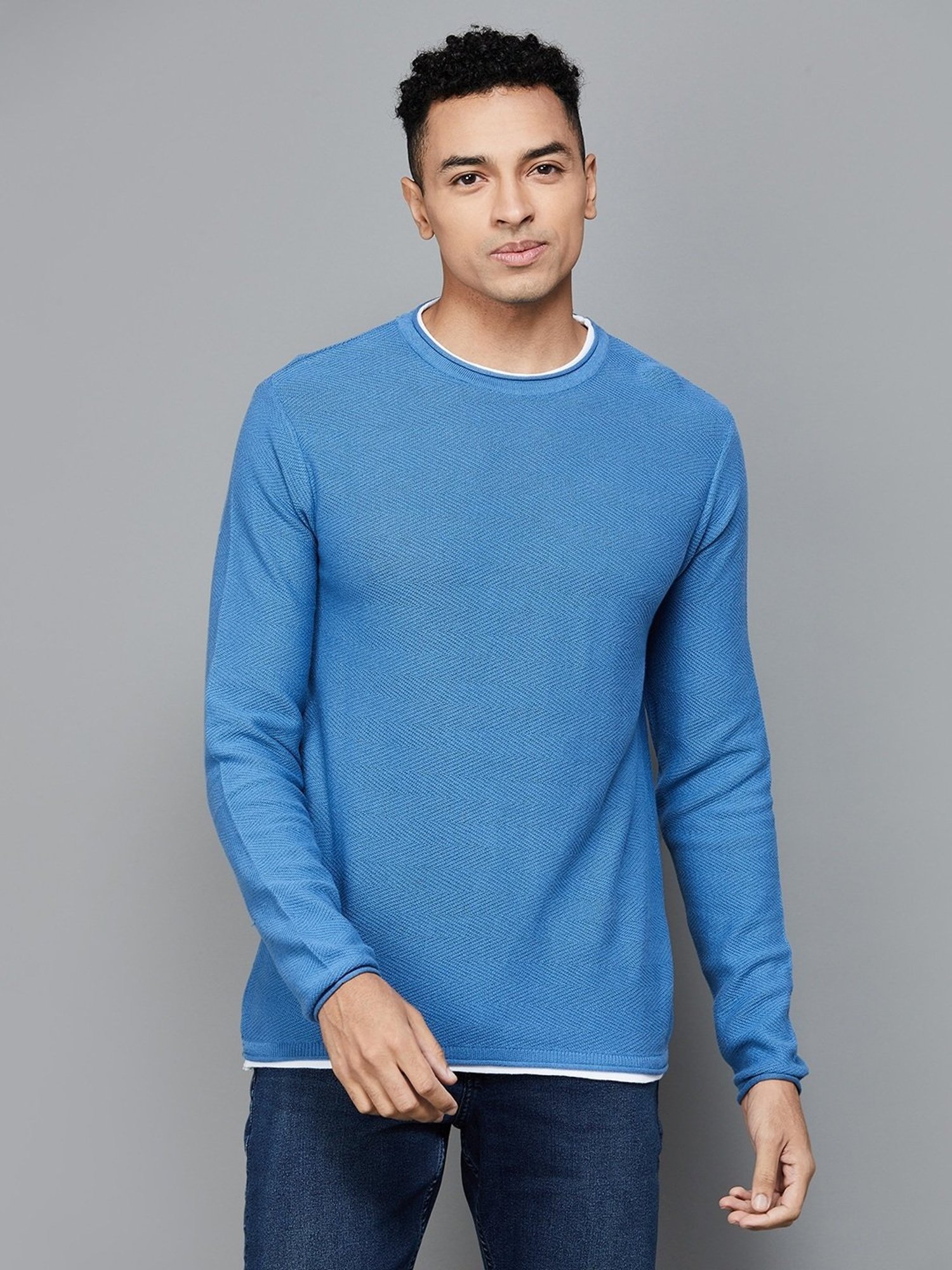 BOSSINI Blue Cotton Regular Fit Texture Sweater