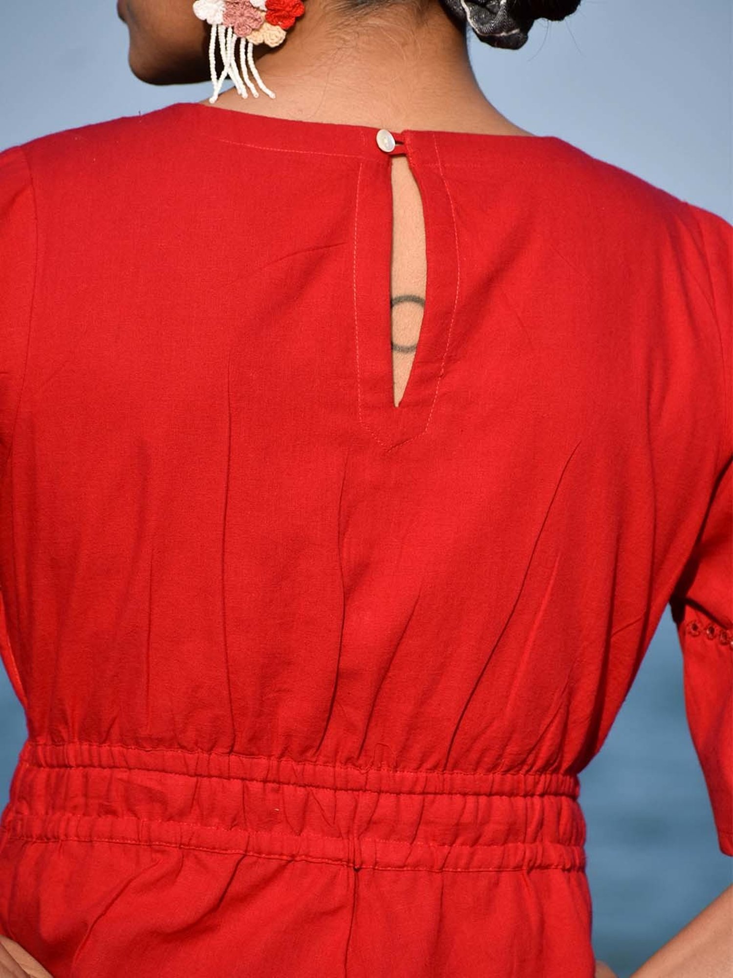 Okhai Pioneer Red Pure Cotton Mirror Work Jumpsuit