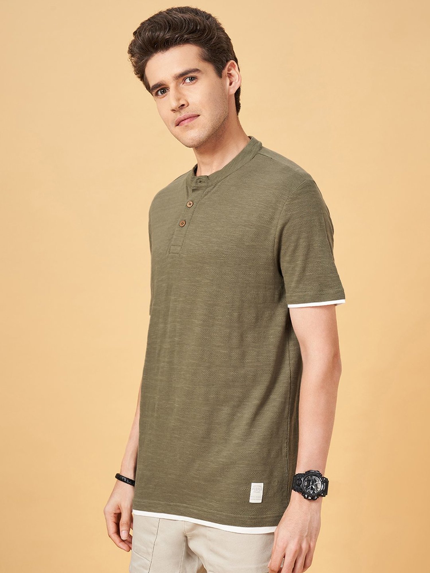People By Pantaloons Coffee Cotton Slim Fit Henley T-Shirt
