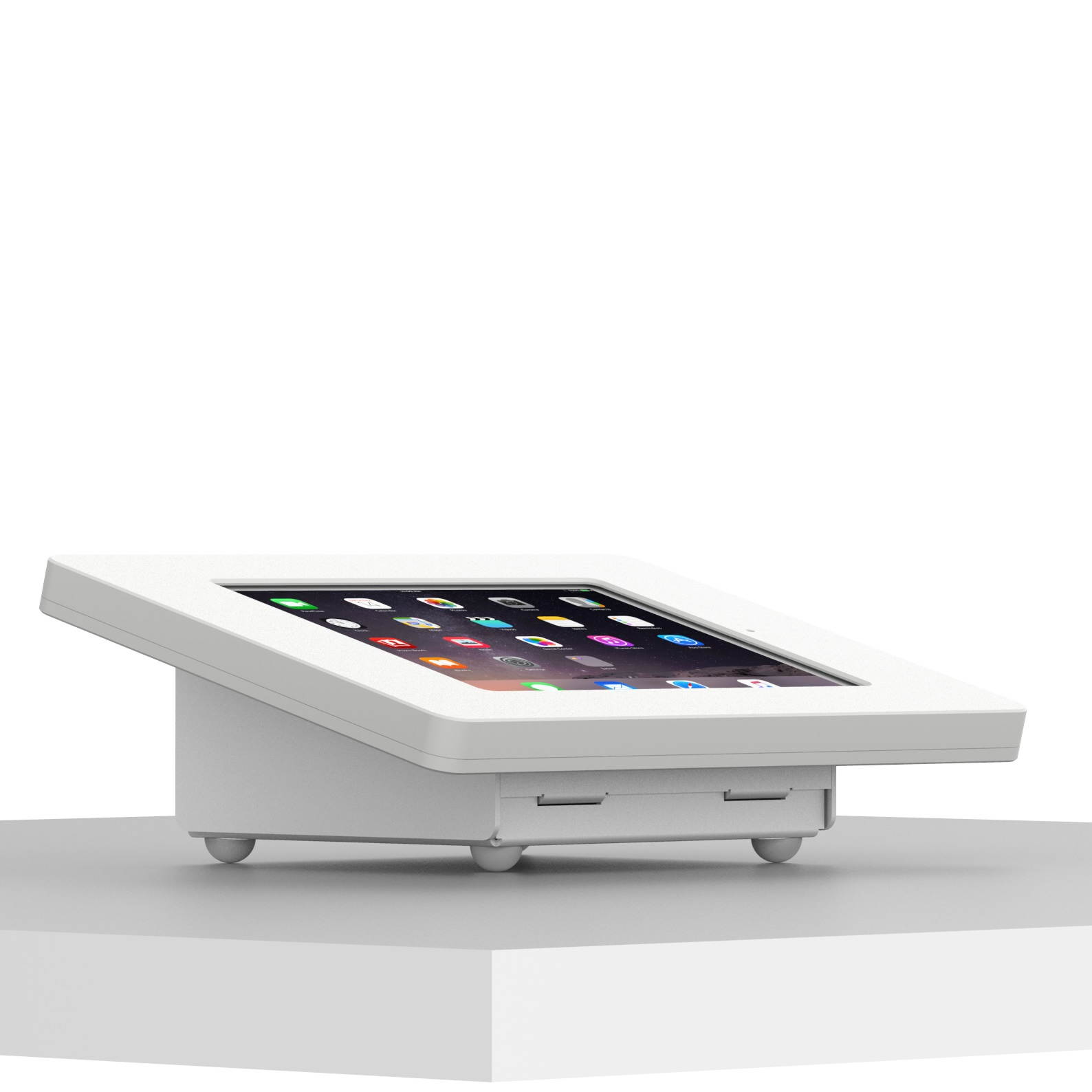 VidaMount White Home Button Covered Enclosure and Fixed Tilted 15&deg; Desk / Surface Mount [Bundle] compatible with iPad Mini 1/2/3