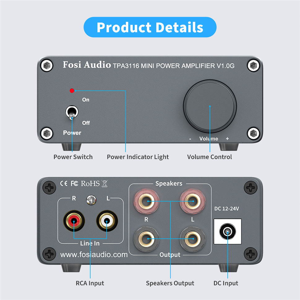 2 Channel Stereo Audio Class D Amplifier Mini Hi-Fi Professional Digital Amp for Home Speakers 50W x 2 - V1.0G