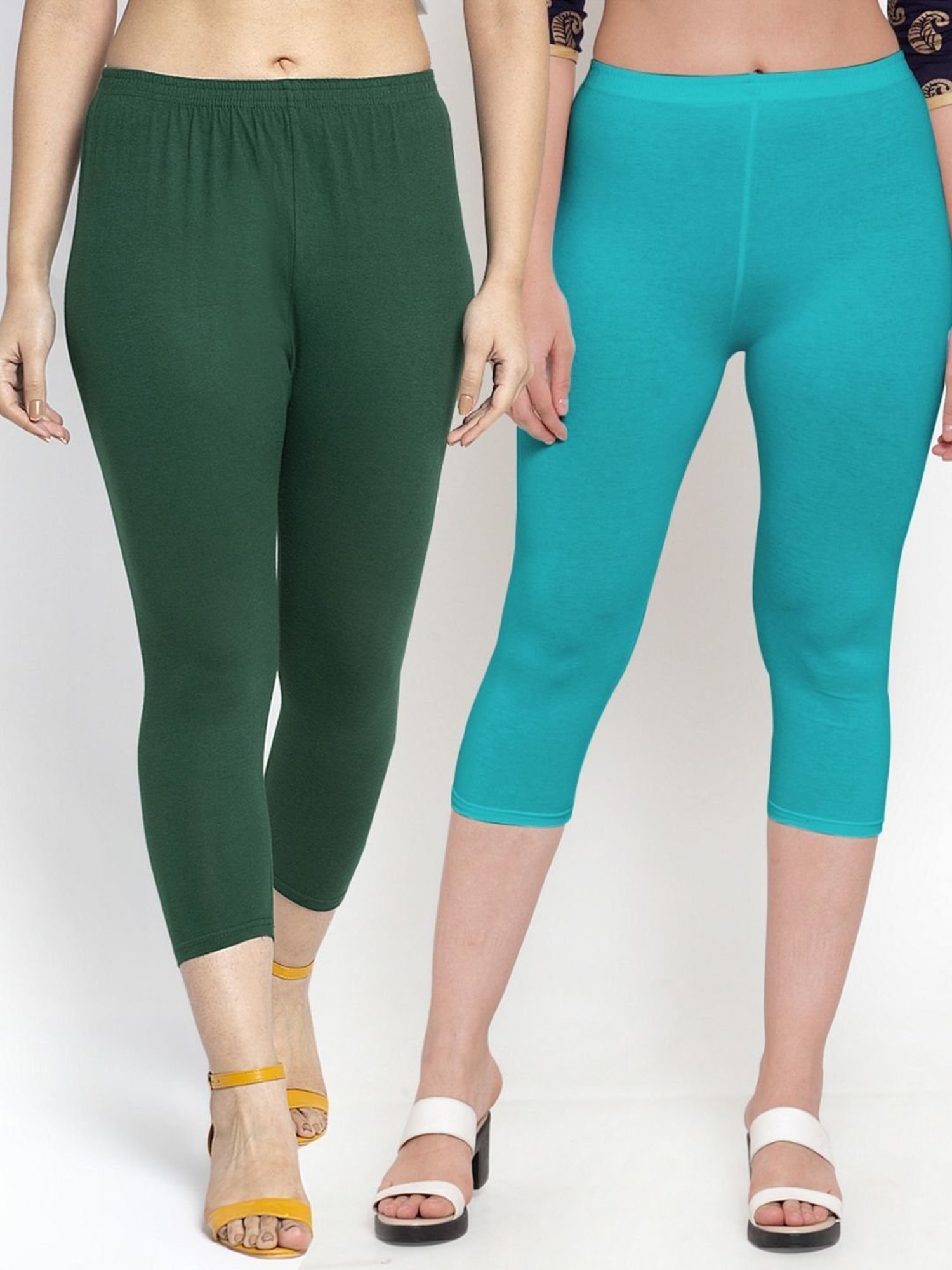 Gracit Green & Aqua Blue Mid Rise Capris - Pack Of 2
