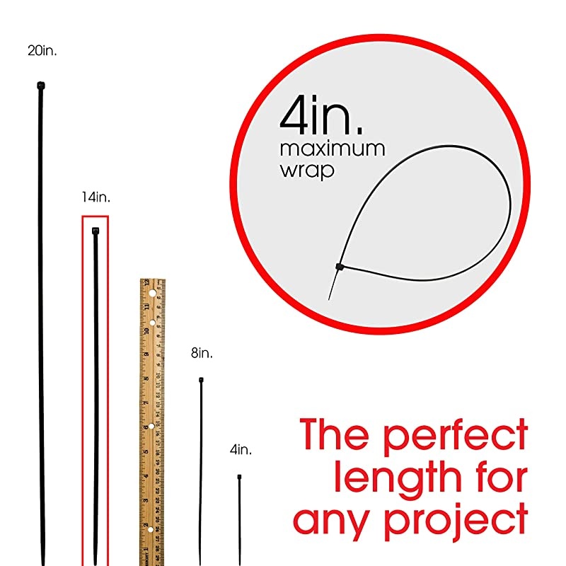 Black Cable 14 Long Multipurpose Large Zip 25Pack Nylon Plastic Ties 4Inch Maximum Diameter Durable SelfLocking 18183 14 Inch