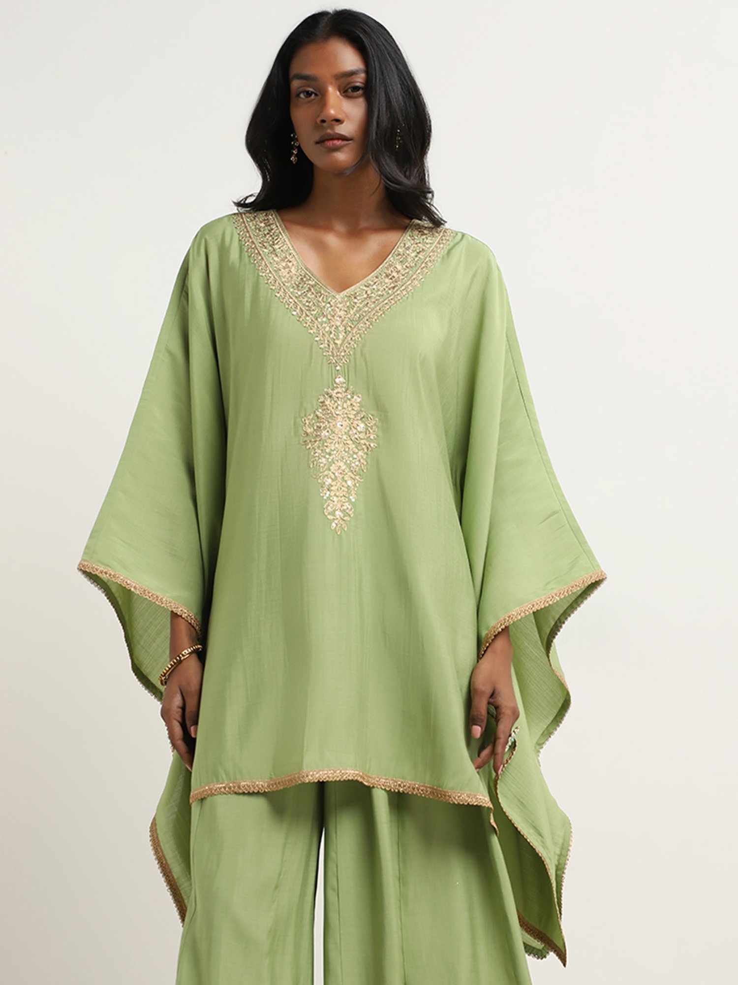 Vark by Westside Green Embellished Kaftan with Mid-Rise Palazzos Set
