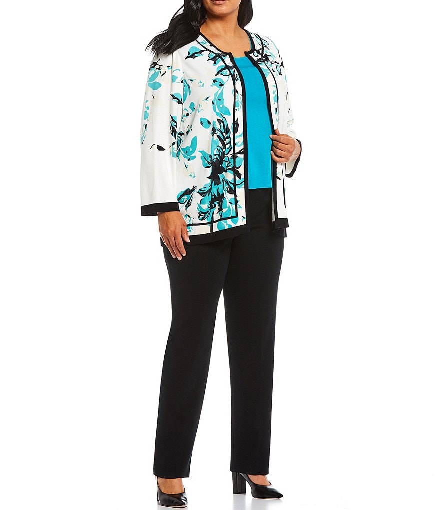 Ming Wang Plus Size Long Sleeve Floral Print & Soutache Jacket