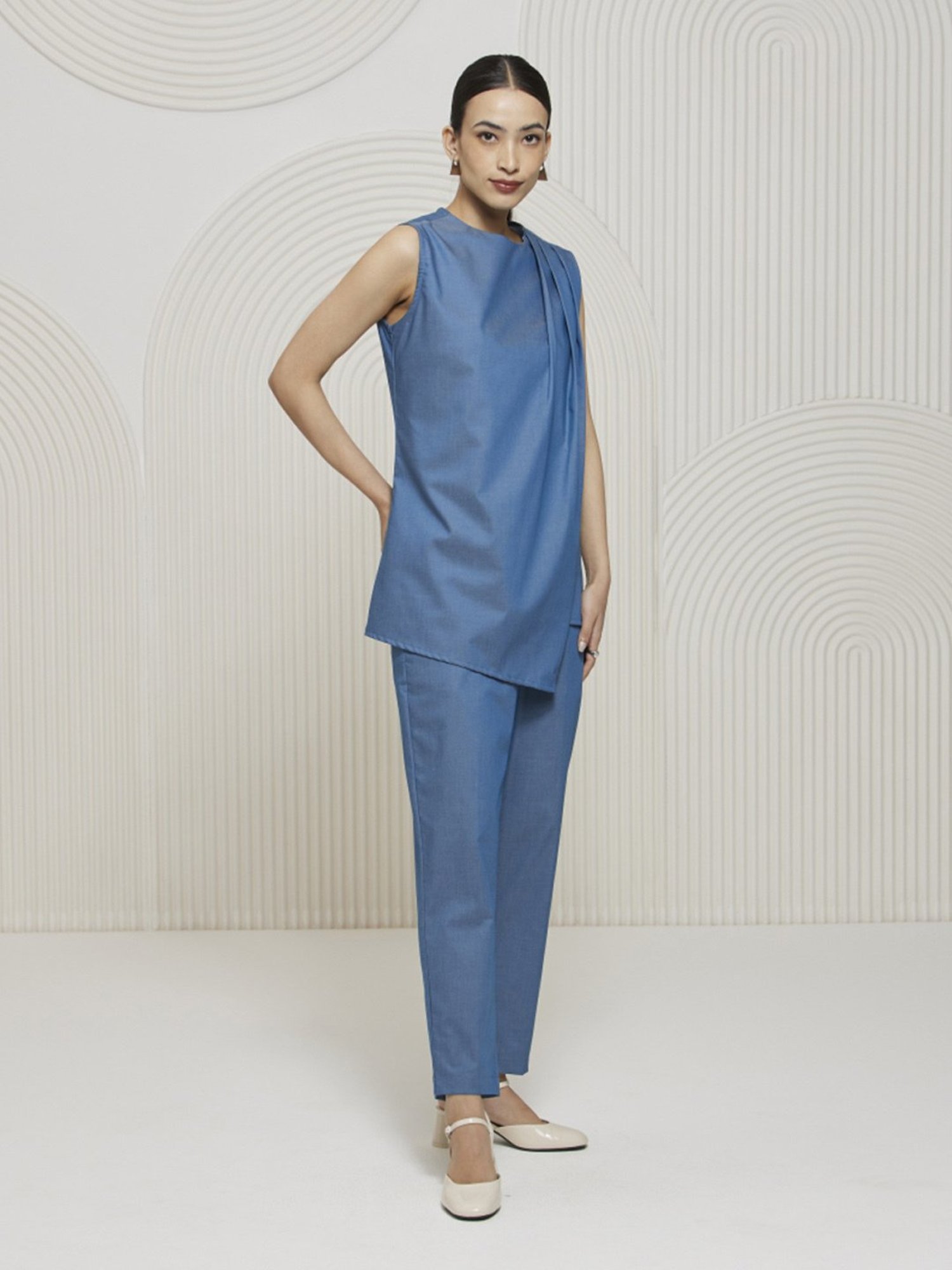 Artagai Midnight Navy Elevated Basics Co-Ord Set With Notch Collar Top And Straight Pants