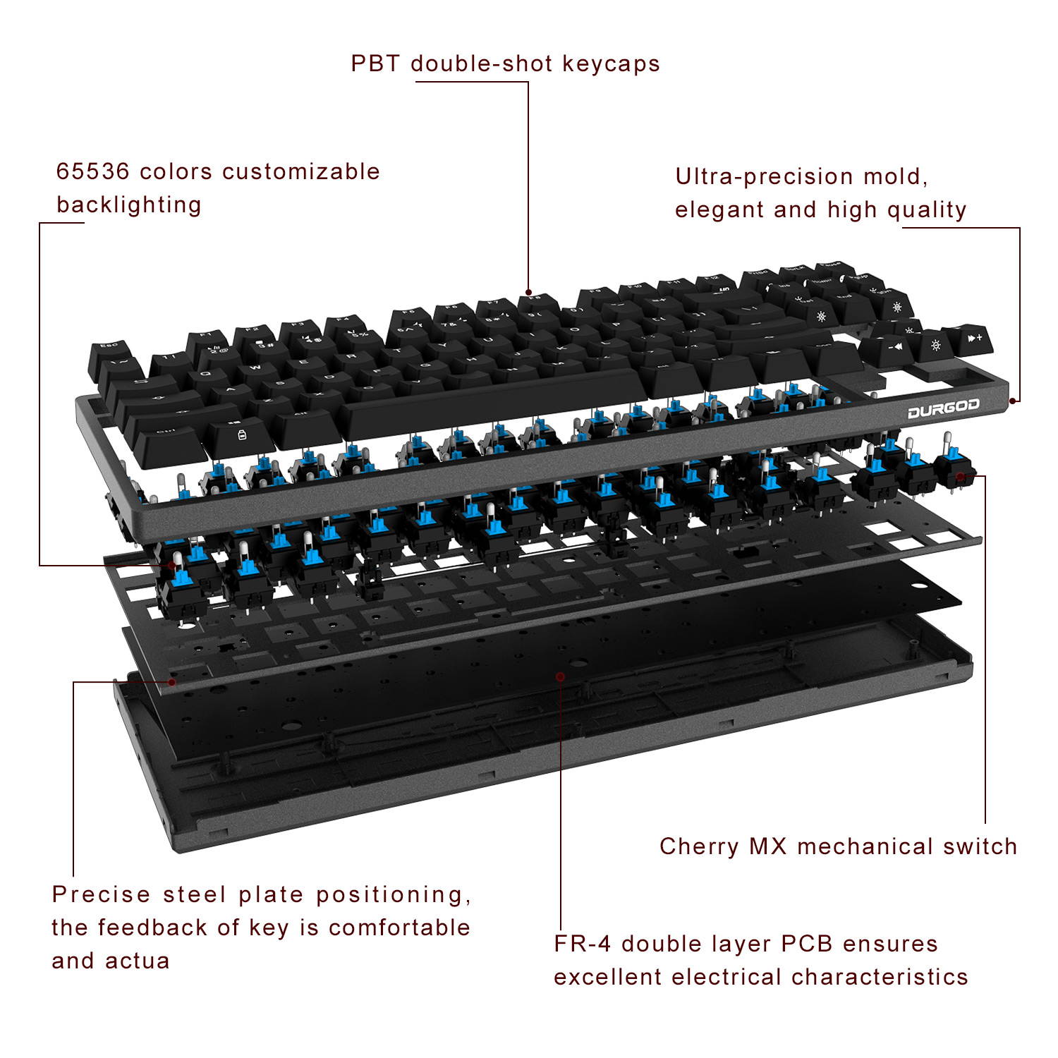 DURGOD Gaming Keyboard Mechanical Illuminated Keyboard RGB LED Backlit for PC&Computer Gamers and Typist 87 Keys Backlighted Keyboard with Cherry MX Blue Switches (Black)