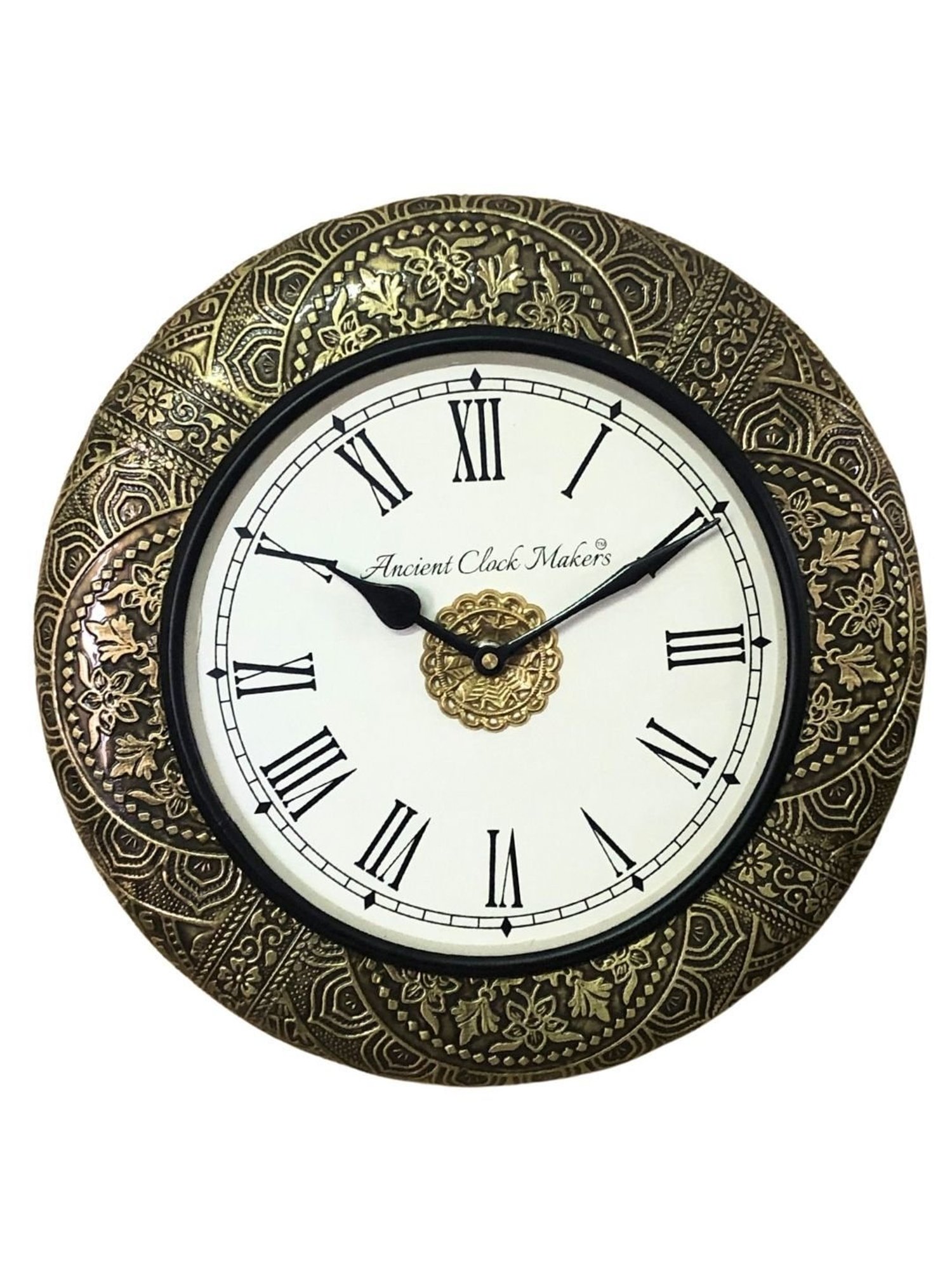 Ancient Clock Makers Round Brass & Black Wood Wall Clock