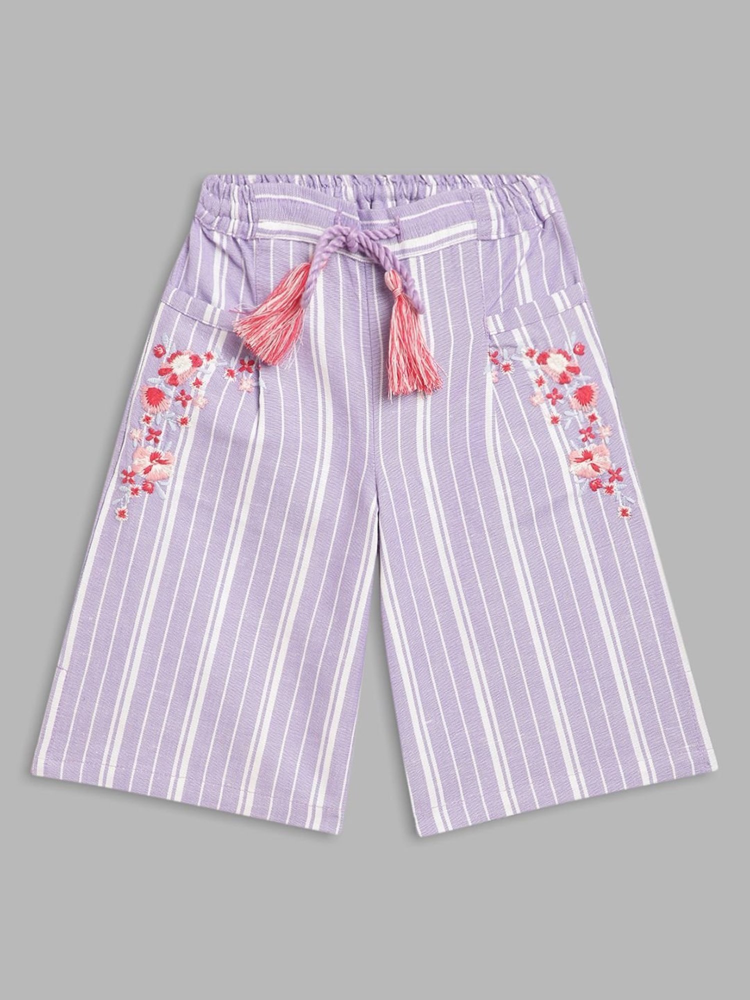Blue Giraffe Girls Purple & White Cotton Striped Trousers