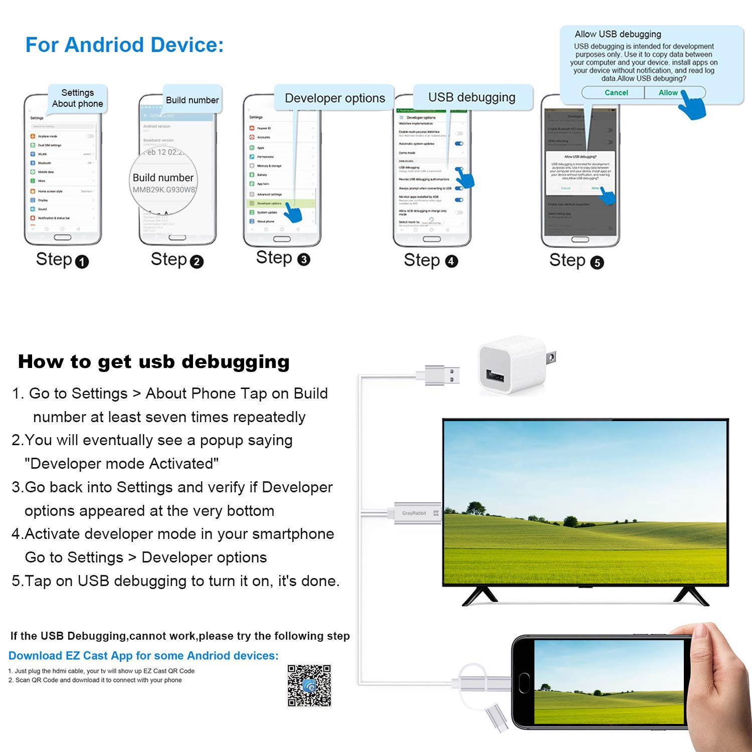 ESTONE 3 in 1 HDMI Cable Adapter,GrayRabbit 1080P USB/Type-C to HDMI Adapter Mirror Mobile Phone Screen to TV/Projector/Monitor Compatible with S8/9 Note 8/9 and More Android Devices-Black