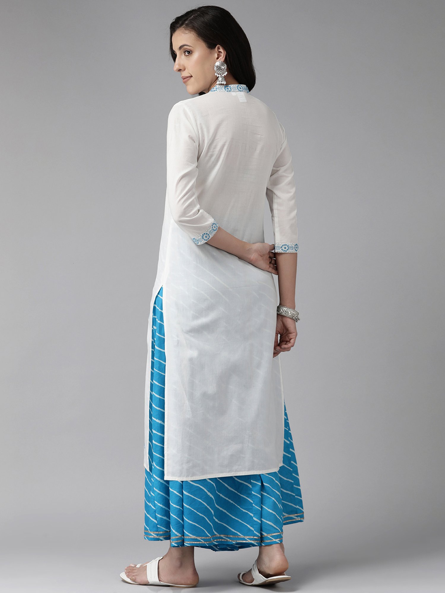 Prakrti White & Blue Cotton Embroidered Kurta & Palazzo Set