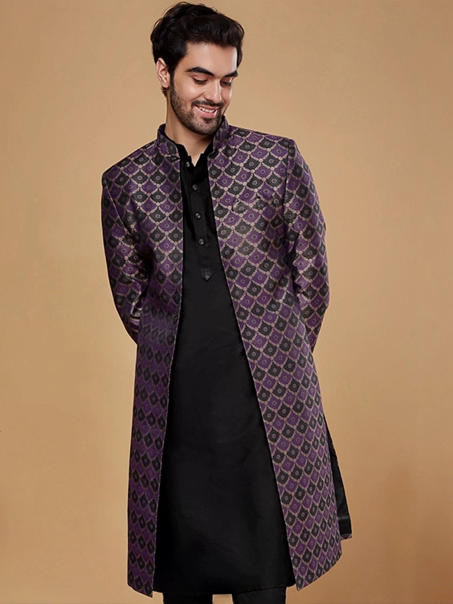 Hangup Plus Beige & Black Regular Fit Printed Sherwani Set
