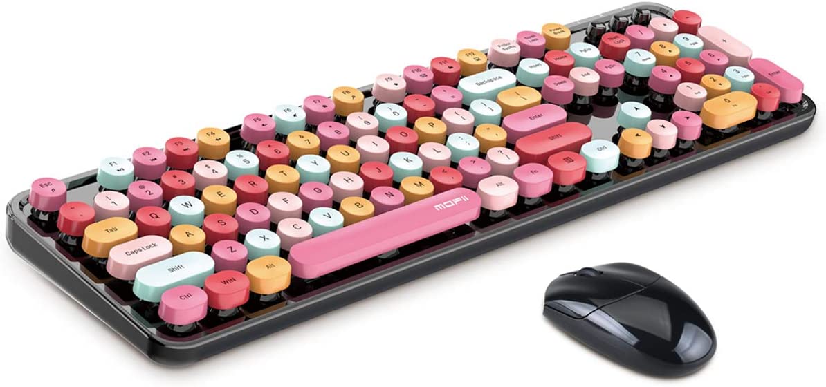 MOFII Wireless Keyboard and Mouse Combo, 2.4G Cute Round Girl Lipstick Retro Round Cap Keyboard Mute Keyboard Mouse Set for Laptop, Computer, Mac (Mixed Color)