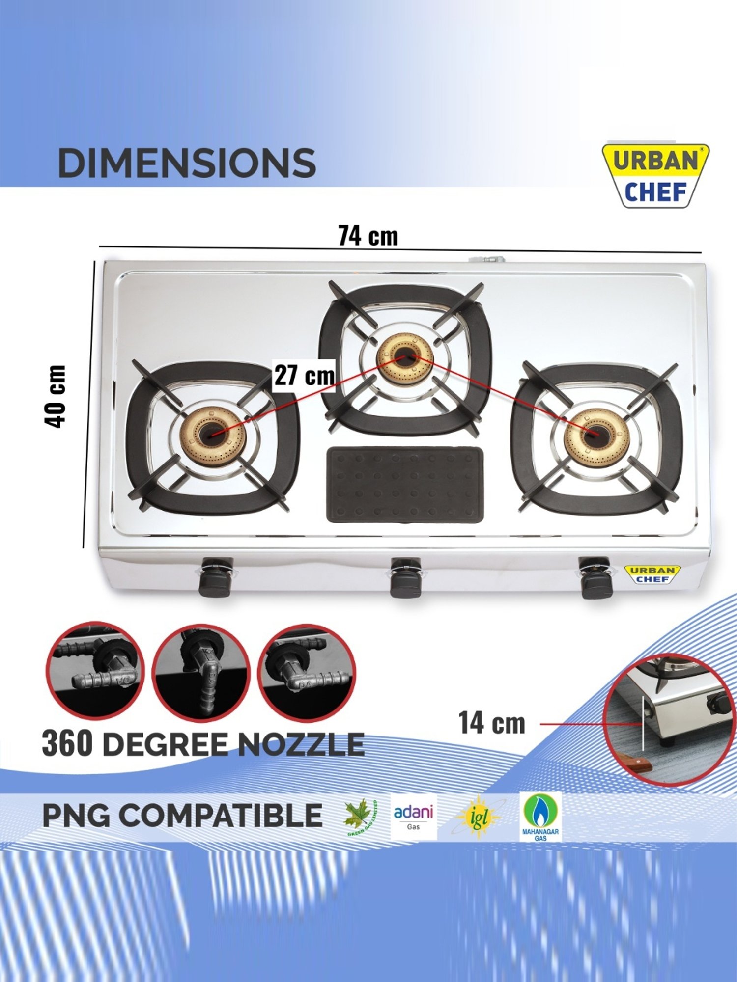 Urban Chef Gas Stove with 3 Burners ( Silver/Black )