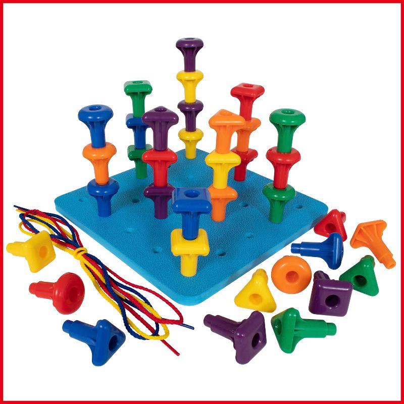 Edx Education Geo Pegs and Peg Board Set - 36 Pegs in 3 Shapes and 6 Colors + 3 Laces - Ages 18m+