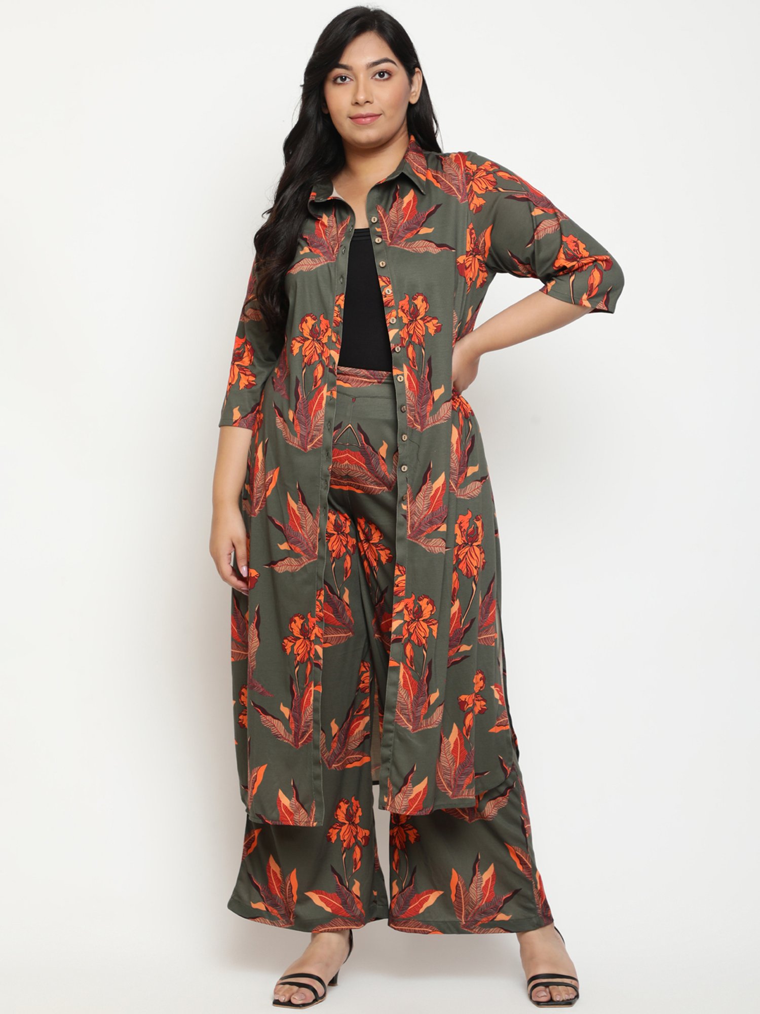 Amydus Olive Printed Flared Fit High Rise Pants