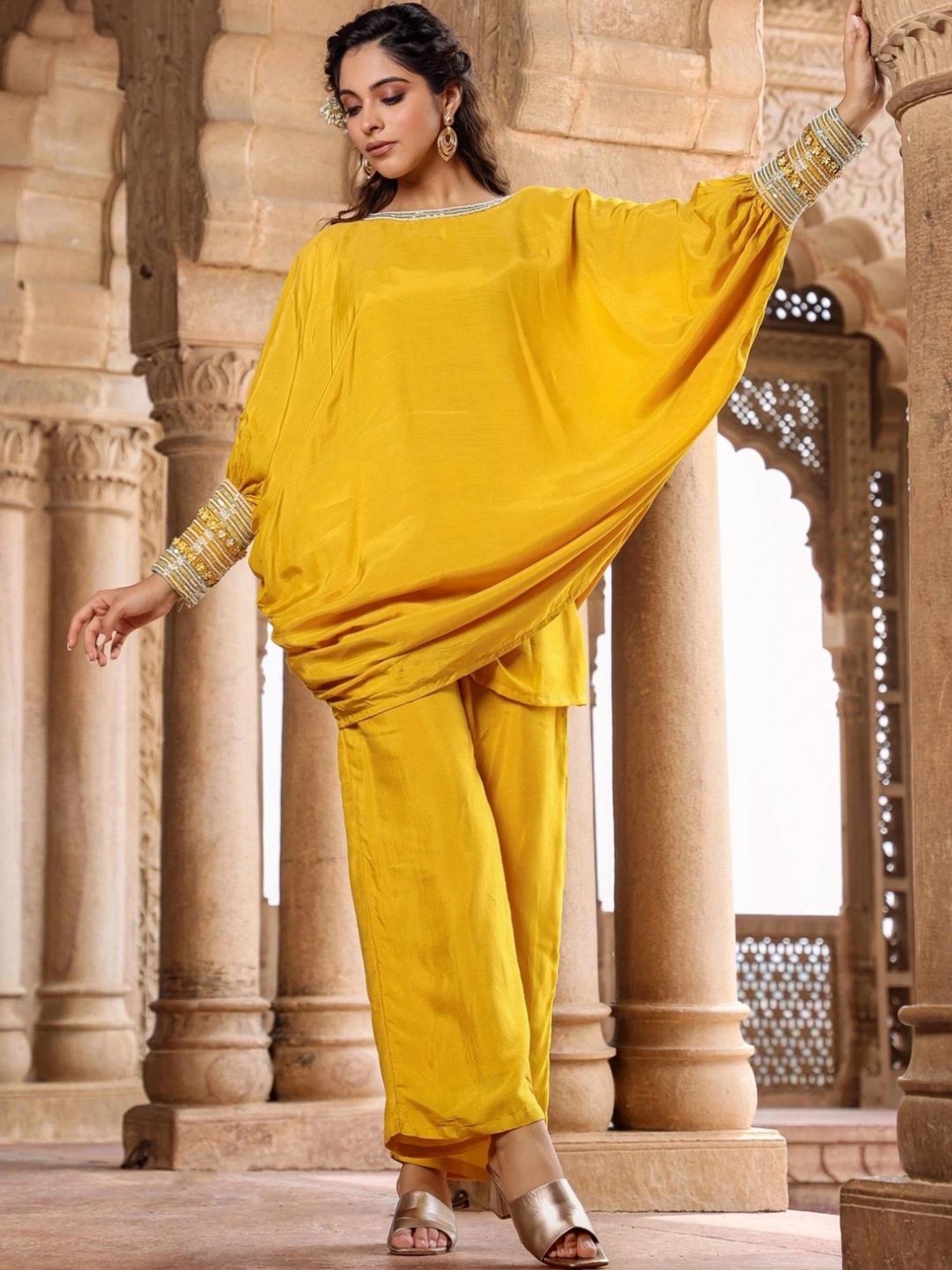 Scakhi Yellow Muslin Silk Poncho Co-Ord Set With Pant And Camisole