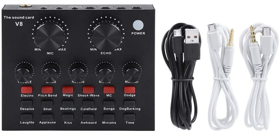 V8-Live Sound Card, Audio Mixer USB External Sound Card Headset Microphone Live Sound Card Karaoke for Double Cell Phone Live Computer PC Live Recording Home KTV Voice Chat