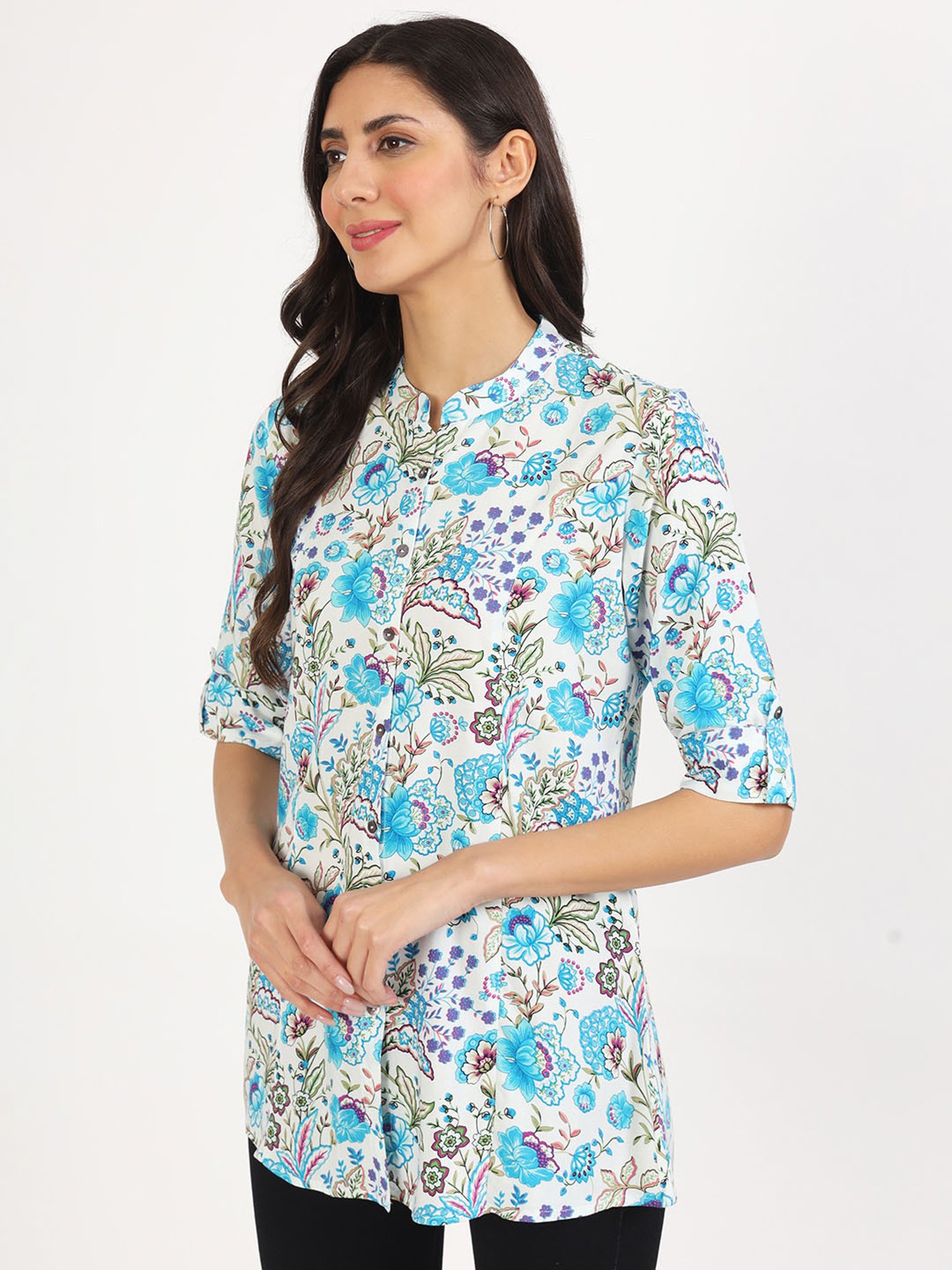 Divena White & Blue Floral Print Tunic